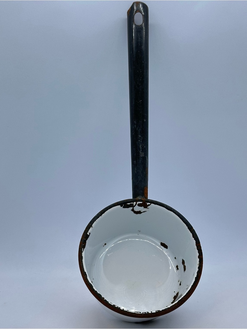 VTG Enamelware Ladle Dipper White with Black Handle & Trim 13.75” Long 4.75" Cup